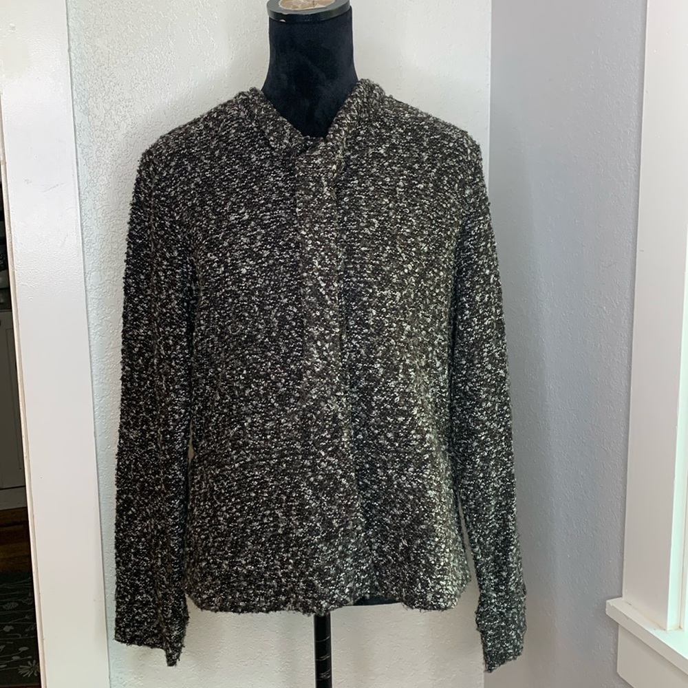 Joan Rivers Boucle Knit Button-Front Tie Cardigan Sweater Black Cream L